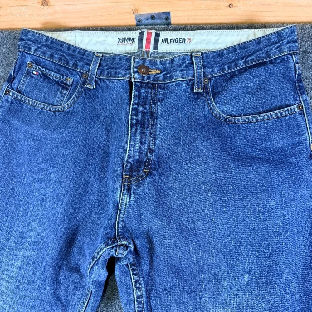 Tommy Hilfiger Jeans Mens 37X31 Blue Denim Classic Straight‎ Leg Mid Rise Cotton